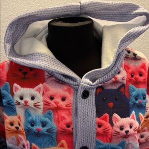 Colorful Cat Print Hooded Button Cardigan NWOT 4XL measures 50” chest 31” Front